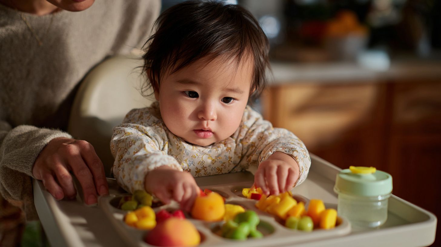 Baby starting solid foods with colorful fiber-rich first foods including pears, prunes, and oatmeal arranged on high chair tray
