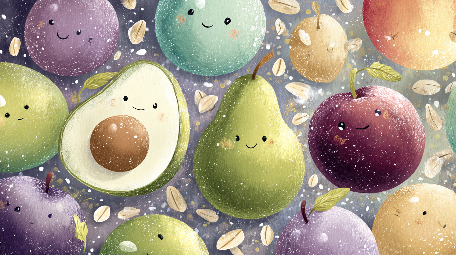 Colorful array of P foods including pears prunes plums peaches and peas arranged in baby-friendly portions with water cup