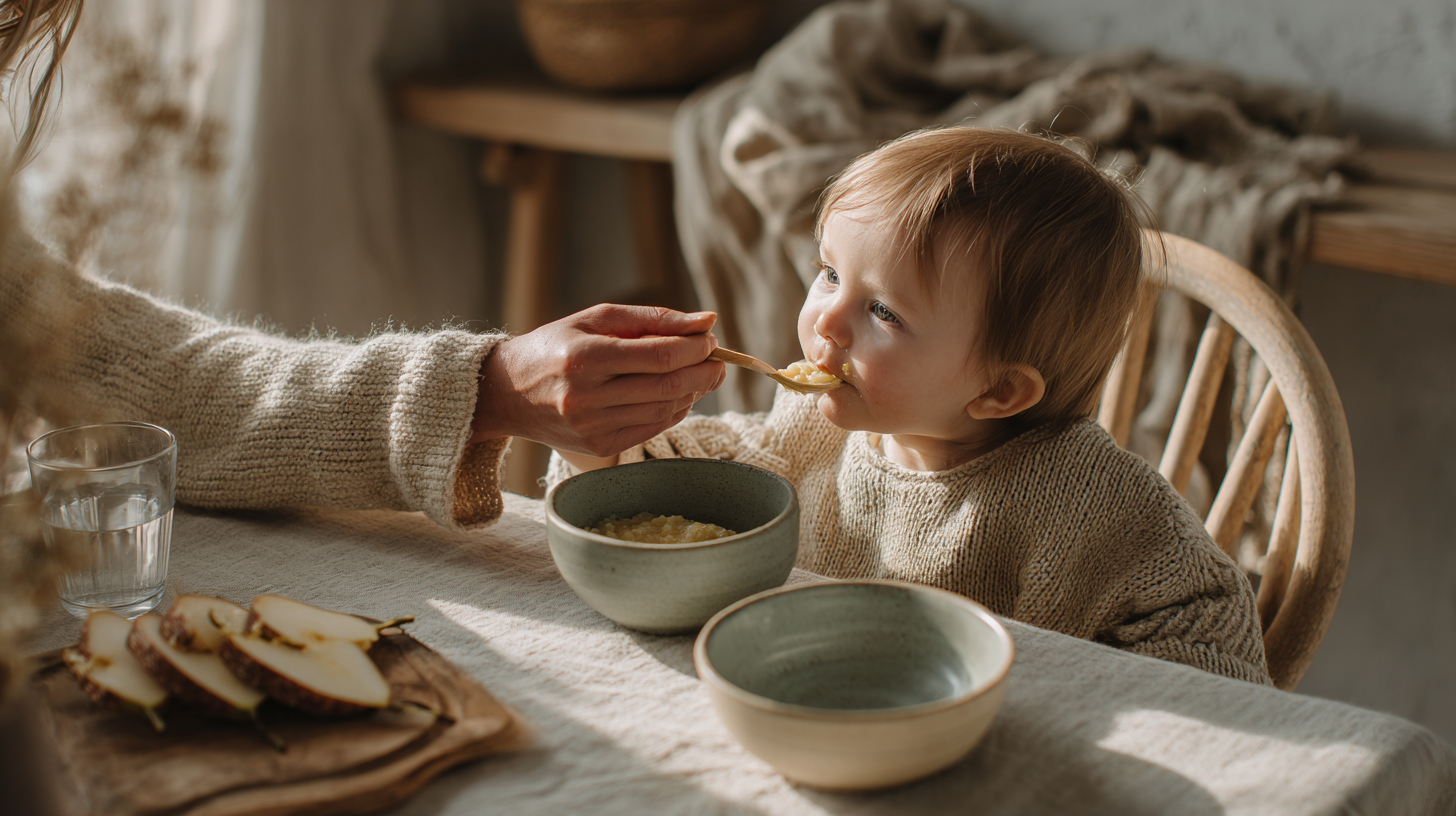 Happy baby being fed fiber-rich Caribbean-inspired puree by parent with water cup nearby showing proper hydration during solid food introduction