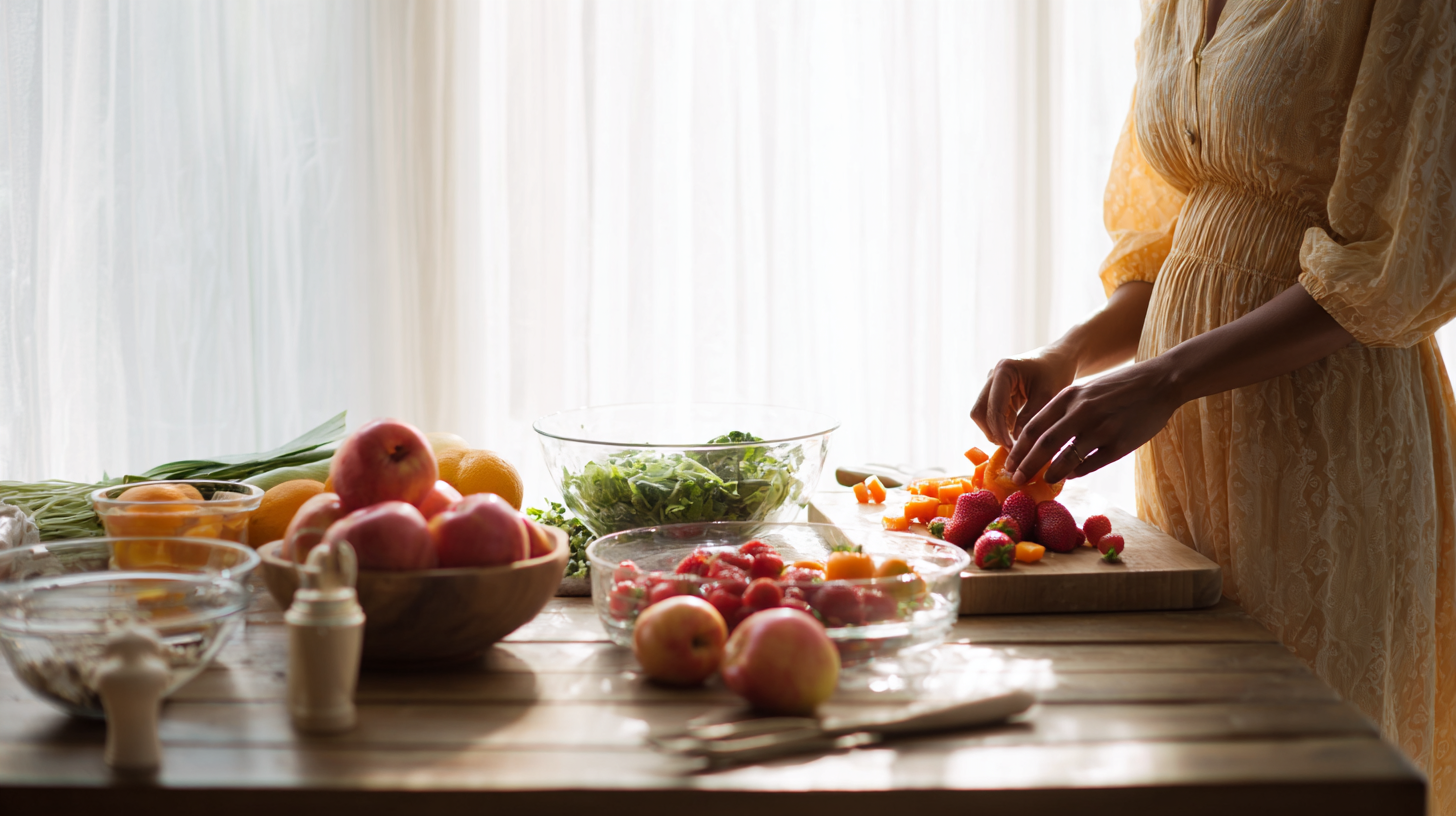 Mother preparing fresh organic fruits and vegetables for baby food in modern kitchen
