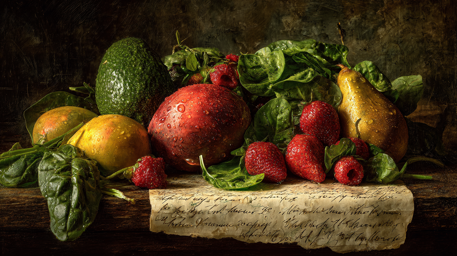 Selection of fresh organic and conventional produce arranged on kitchen counter with shopping list