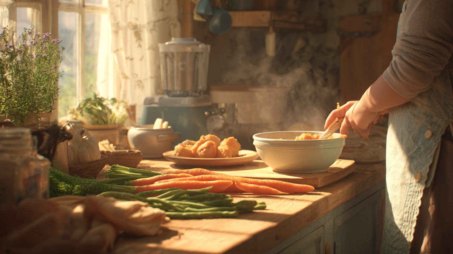 Parent preparing affordable homemade baby food in a bright kitchen with fresh vegetables and budget-friendly ingredients