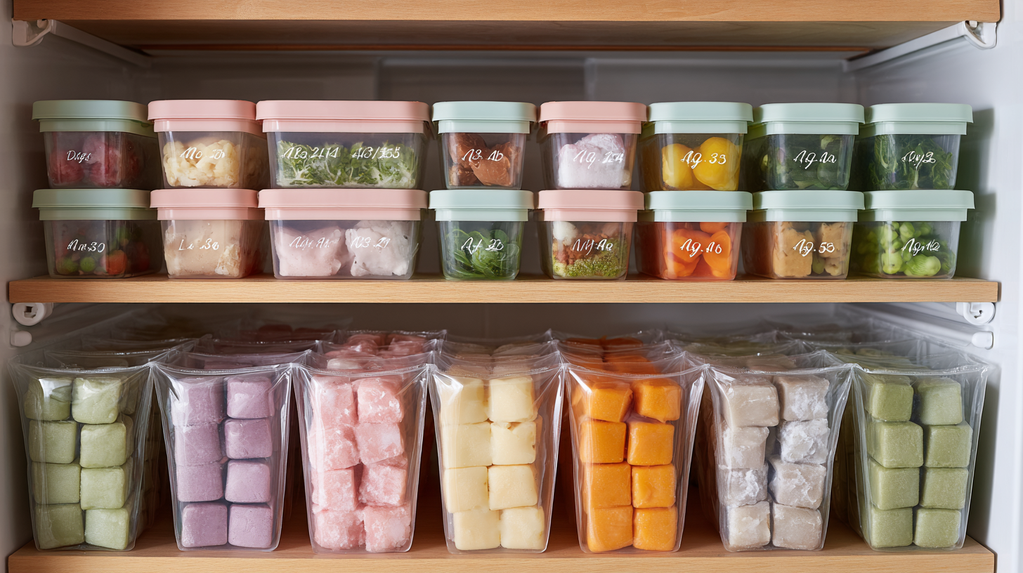 Organized freezer with labeled containers of homemade baby food portions in ice cube trays and storage bags