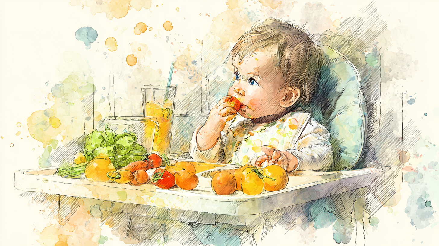 Happy baby self-feeding with colorful finger foods including steamed vegetables and soft fruits arranged on a high chair tray