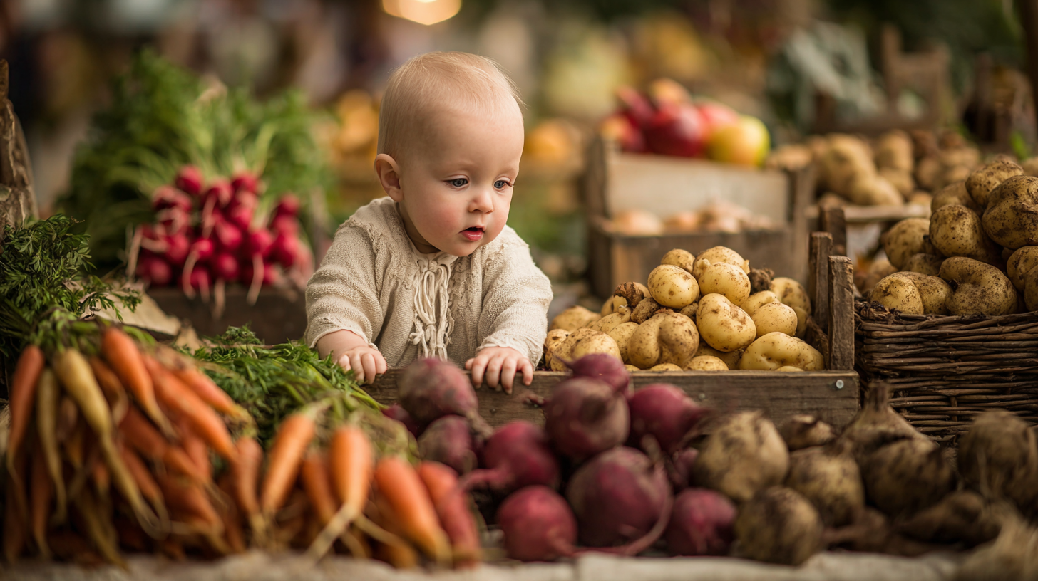 Baby exploring colorful seasonal produce at farmers market