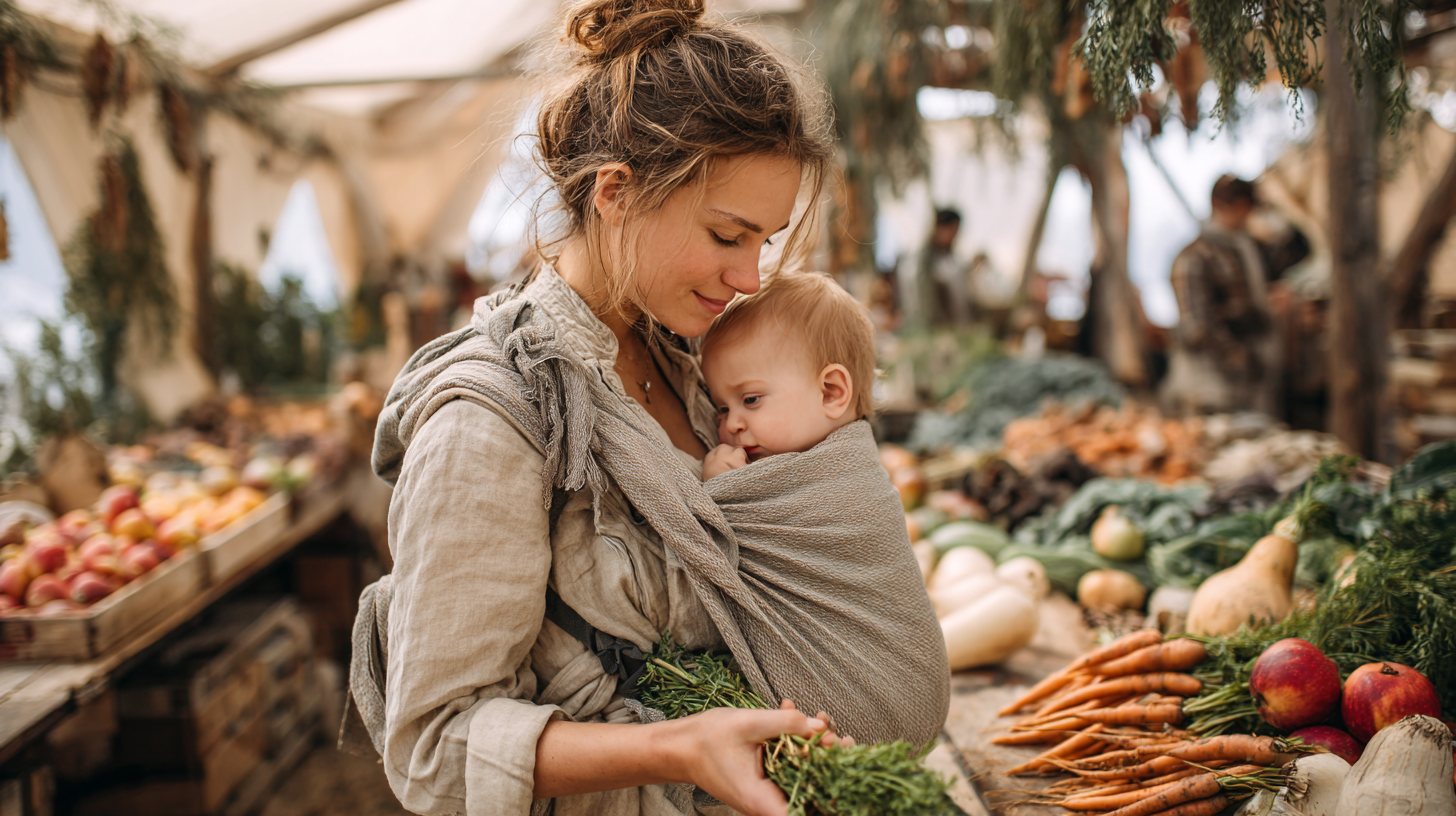 Parent shopping at farmers market with baby in carrier examining fresh vegetables