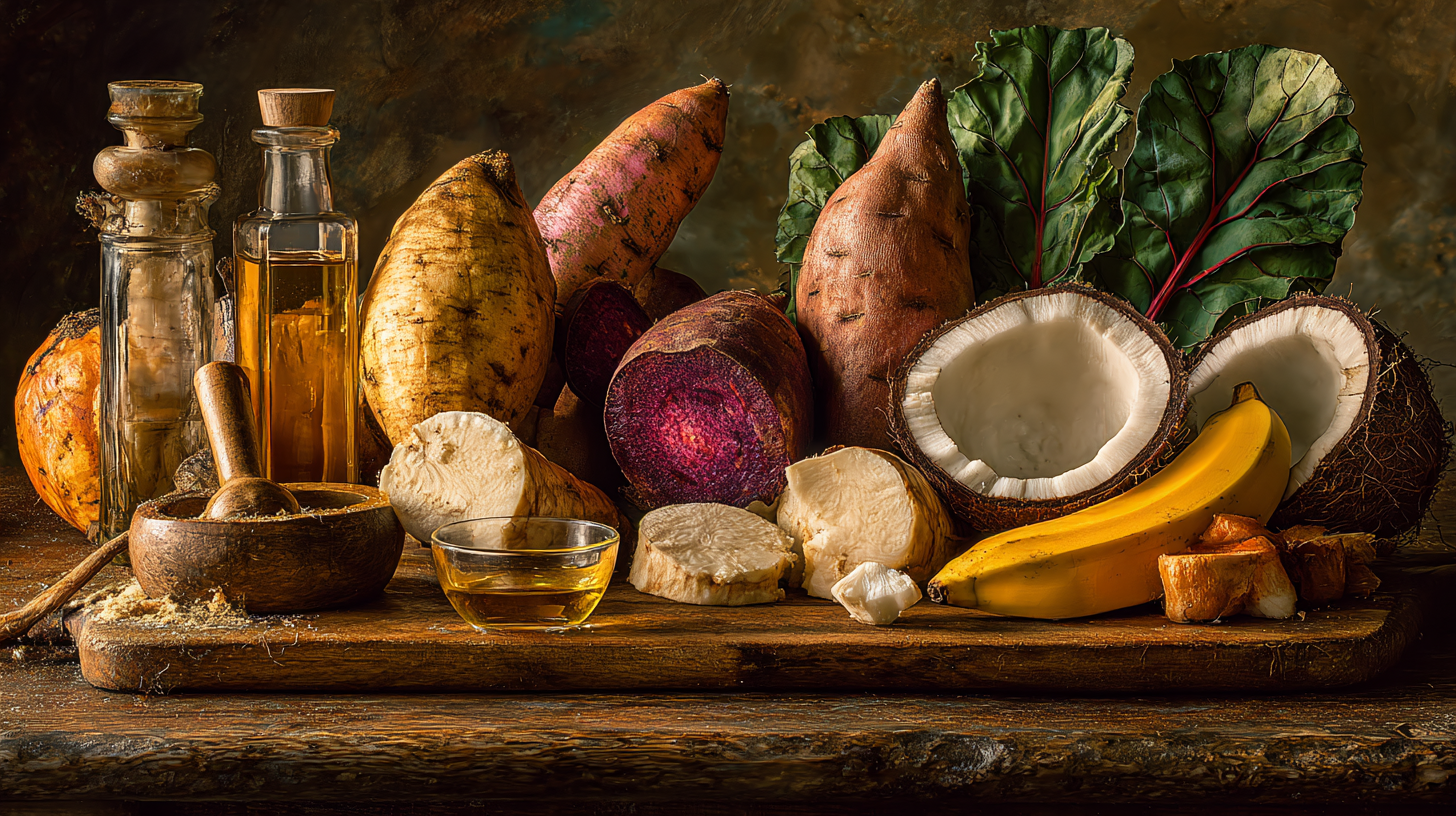 Caribbean root vegetables and seasonal tropical fruits arranged for baby meal prep