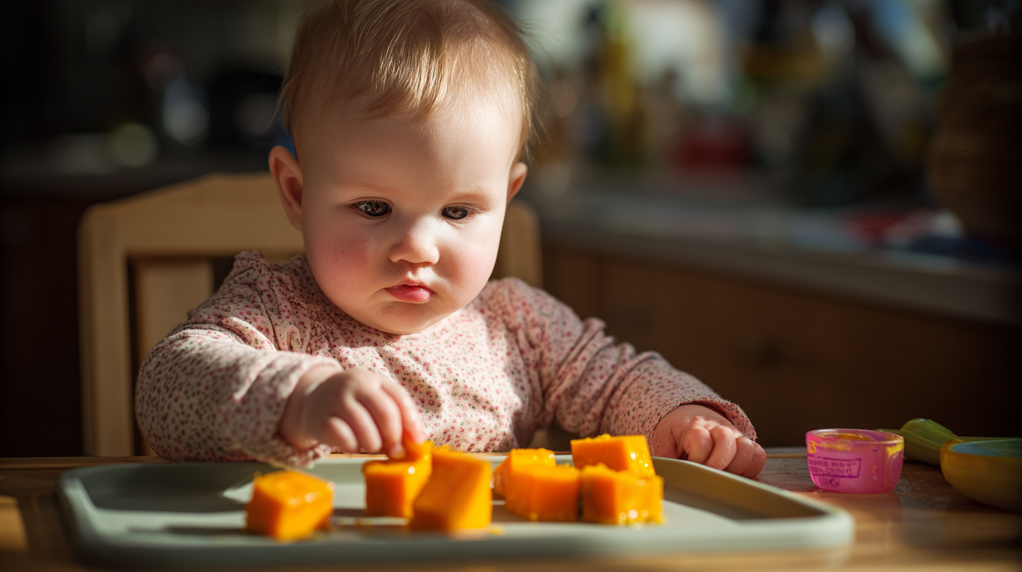 Baby practicing self-feeding with soft finger foods and utensils in highchair