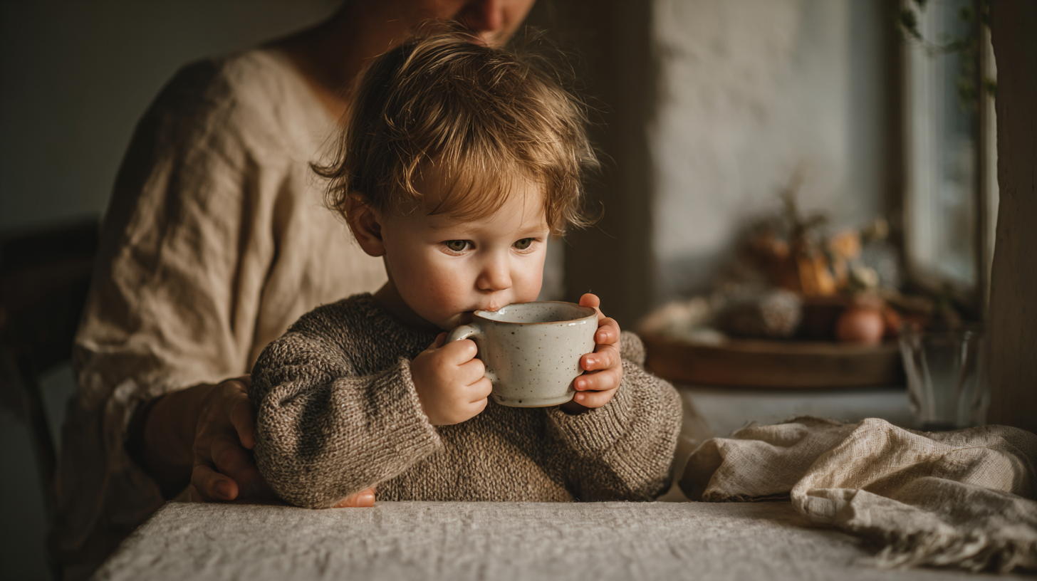 Toddler learning to drink from an open cup with parent supervision during mealtime