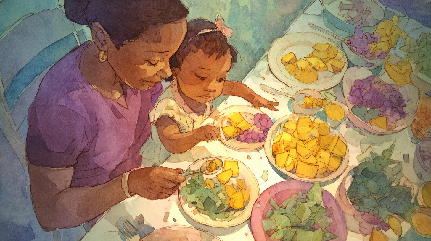 Parent and baby sharing mealtime together, demonstrating balanced approach to assisted and independent feeding