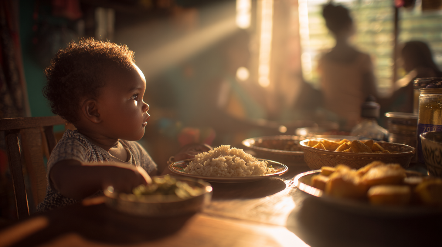 Baby sitting at family table reaching for Caribbean foods showing readiness for table foods