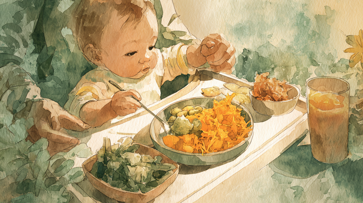 Caribbean baby eating table foods safely with family supervision showing proper food preparation
