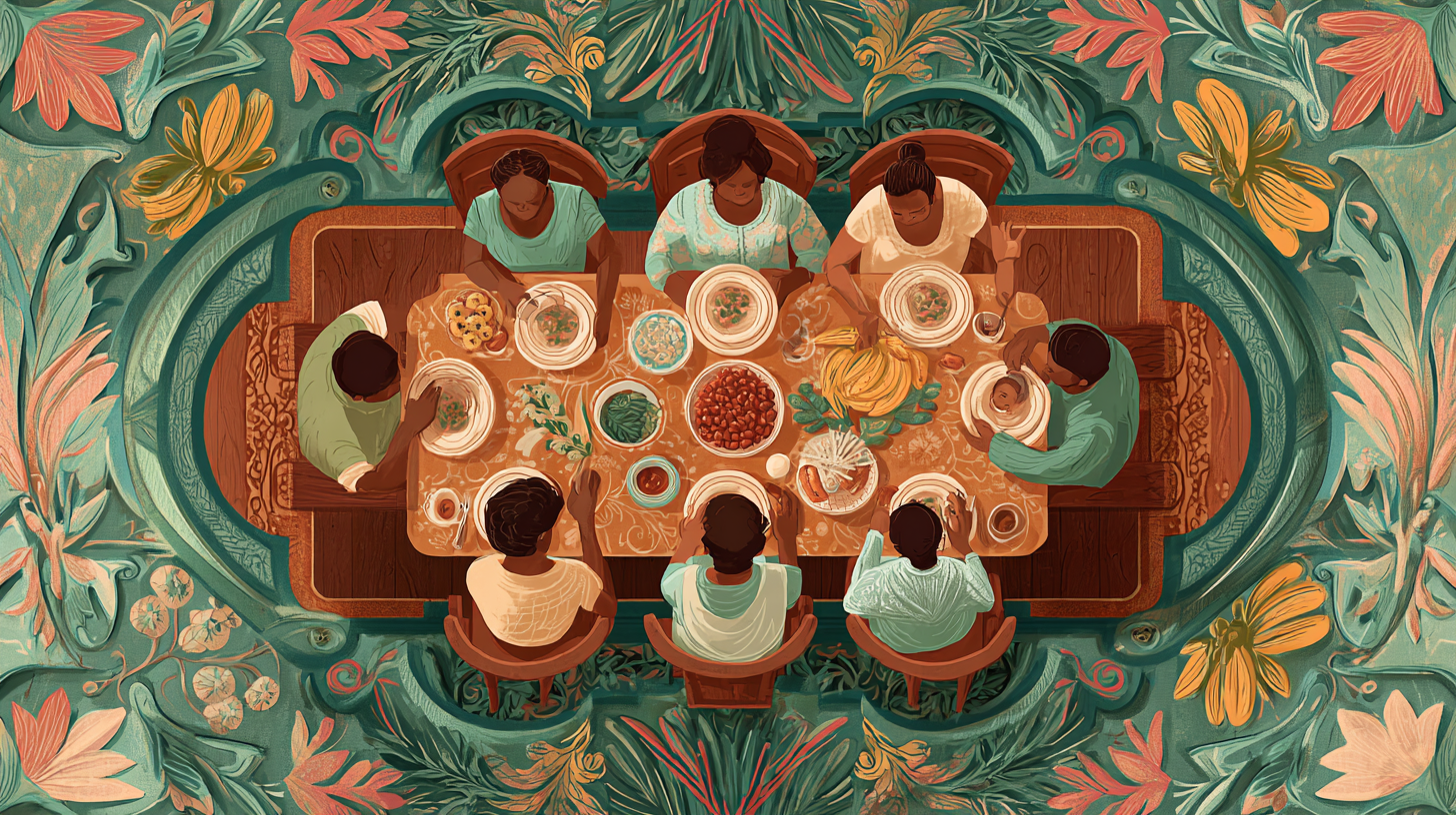 Family eating together with baby enjoying Caribbean table foods showing successful transition from purees