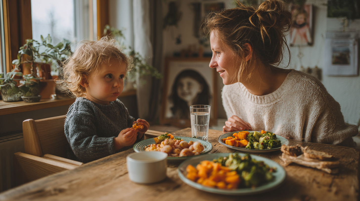 Parent and toddler sharing a peaceful mealtime together with diverse healthy foods on the table