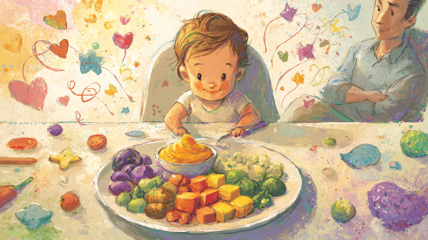 Toddler confidently self-feeding colorful nutritious foods with parent watching supportively nearby