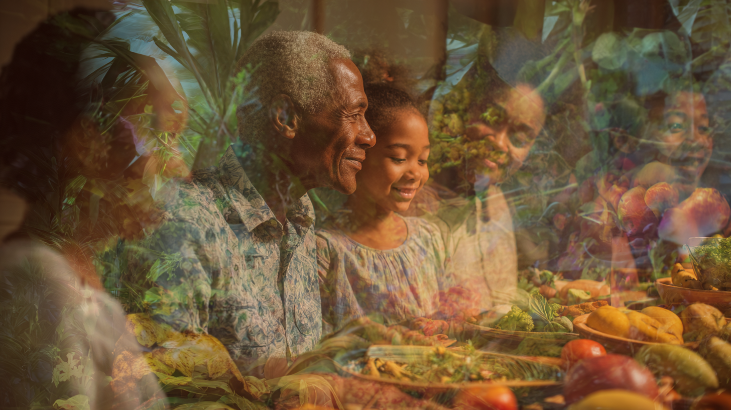 Diverse family of multiple generations enjoying a meal together with various nutritious foods and genuine smiles