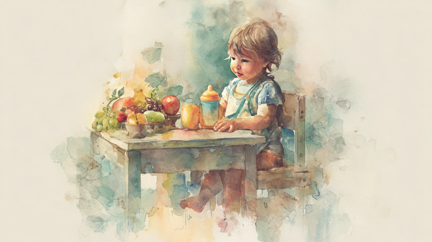 Toddler drinking from sippy cup with various healthy foods nearby