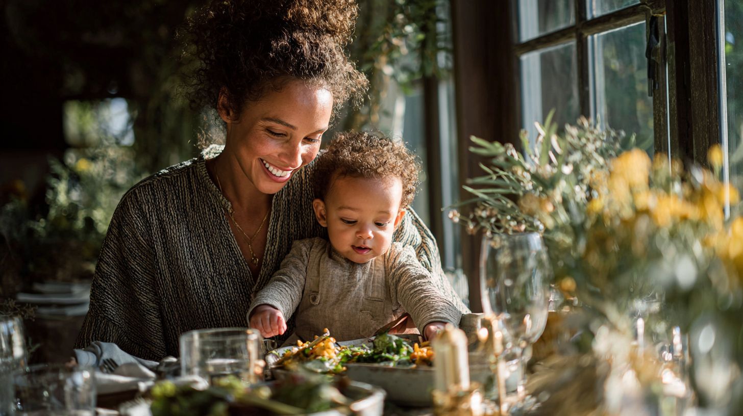 Parent and baby enjoying peaceful mealtime together with variety of colorful foods