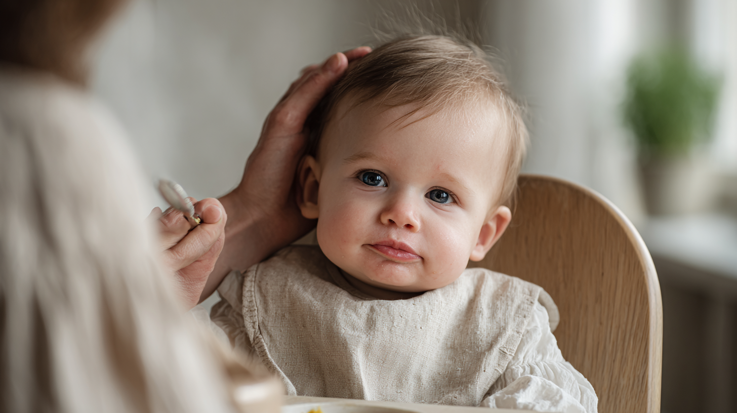 Baby experiencing teething discomfort during mealtime with parent offering comfort and cool foods