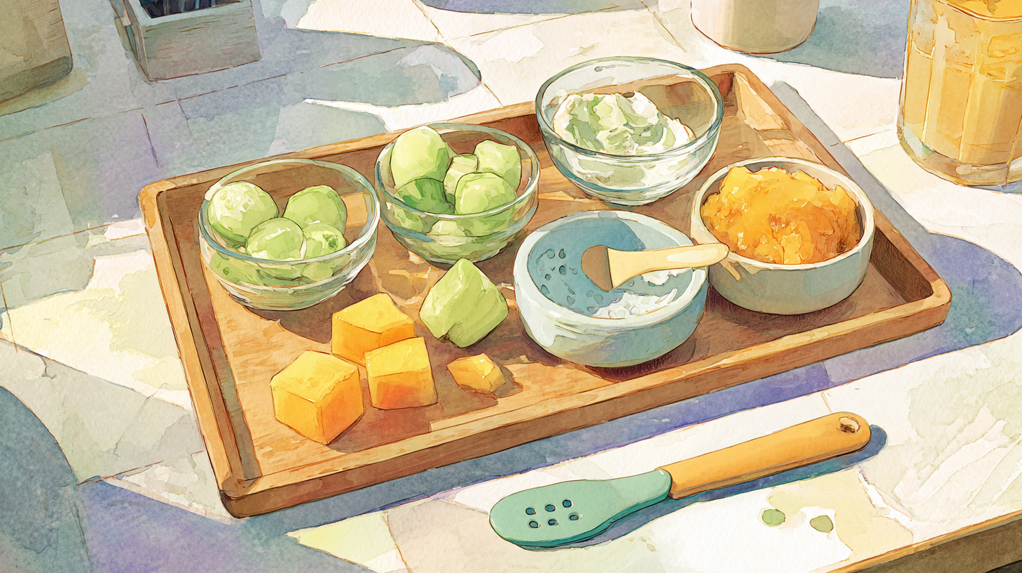 Variety of safe teething foods including cold fruits, vegetables, and soft finger foods arranged on a plate