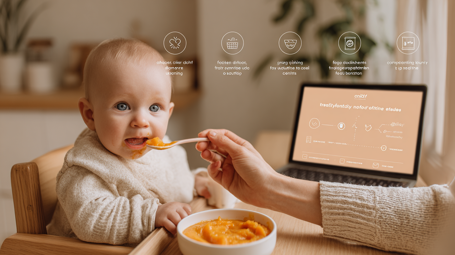 Parent introducing first foods to baby with interactive guidance on tablet showing feeding decision tree