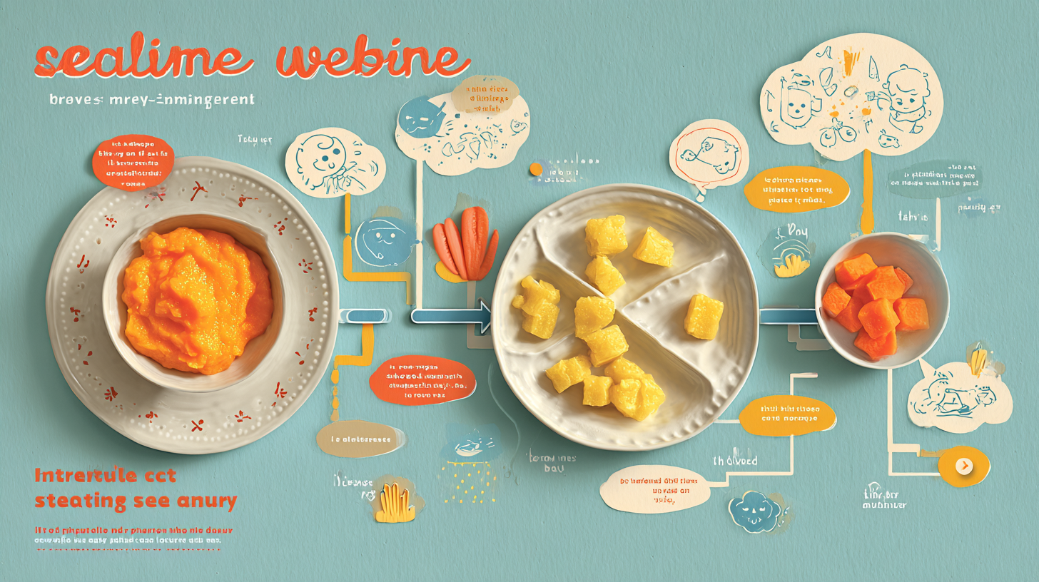 Interactive feeding scenario showing baby trying sweet potato puree with outcome predictions on screen