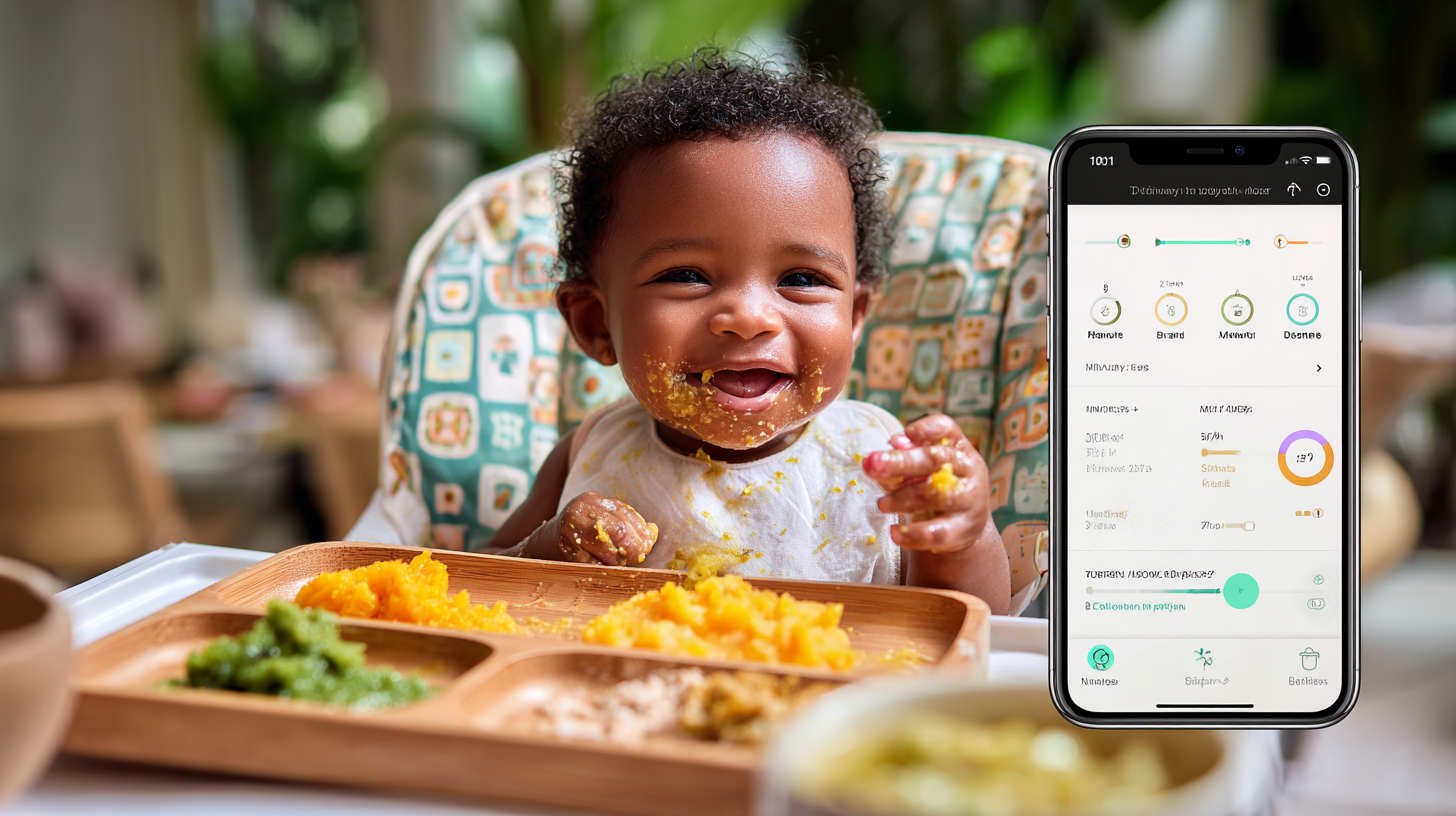 Baby enjoying diverse first foods with parent using interactive feeding app showing positive outcomes