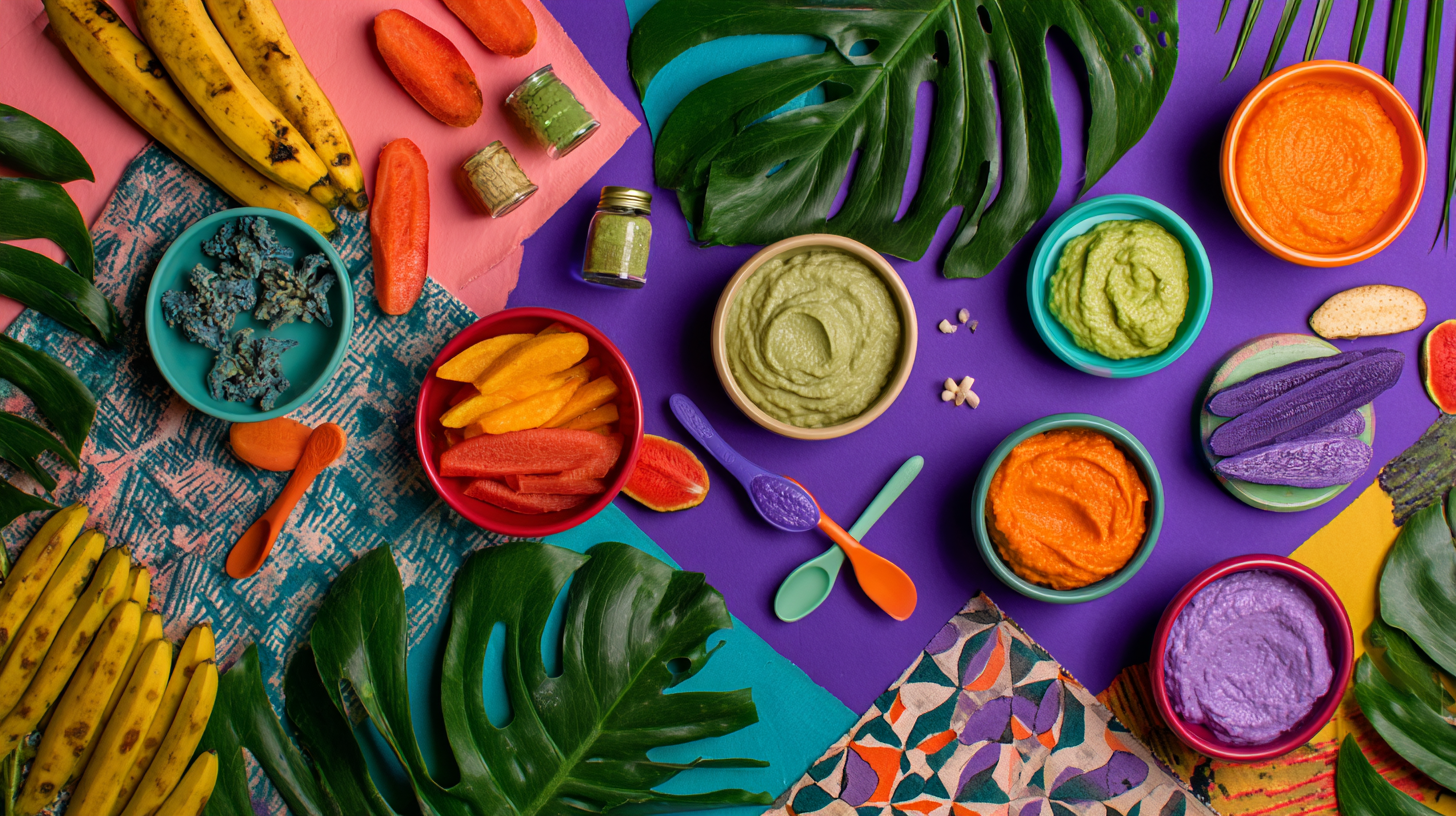 Parent introducing solid foods to baby with various healthy options including Caribbean-inspired dishes