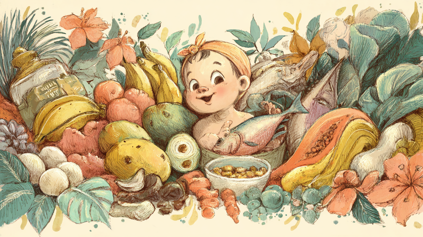 Happy baby eating a variety of colorful nutritious foods including Caribbean-inspired dishes