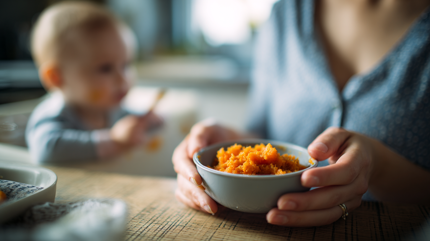 Parent experiencing anxiety while preparing baby food, showing the emotional weight of post-trauma feeding concerns