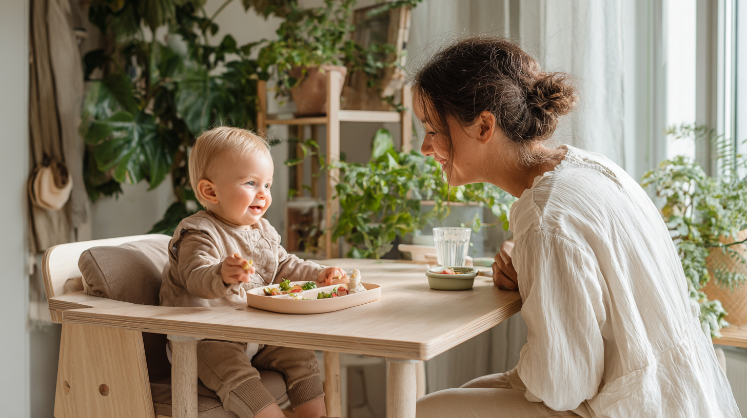 Calm, supportive mealtime environment showing trauma-informed feeding practices with parent and baby