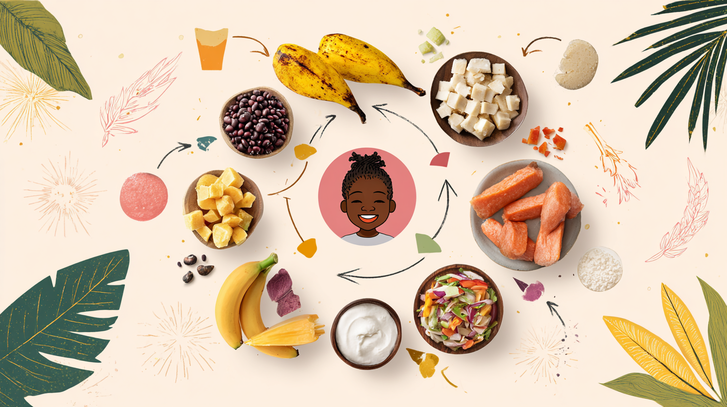 Caribbean family using interactive feeding tool with traditional island foods displayed on screen