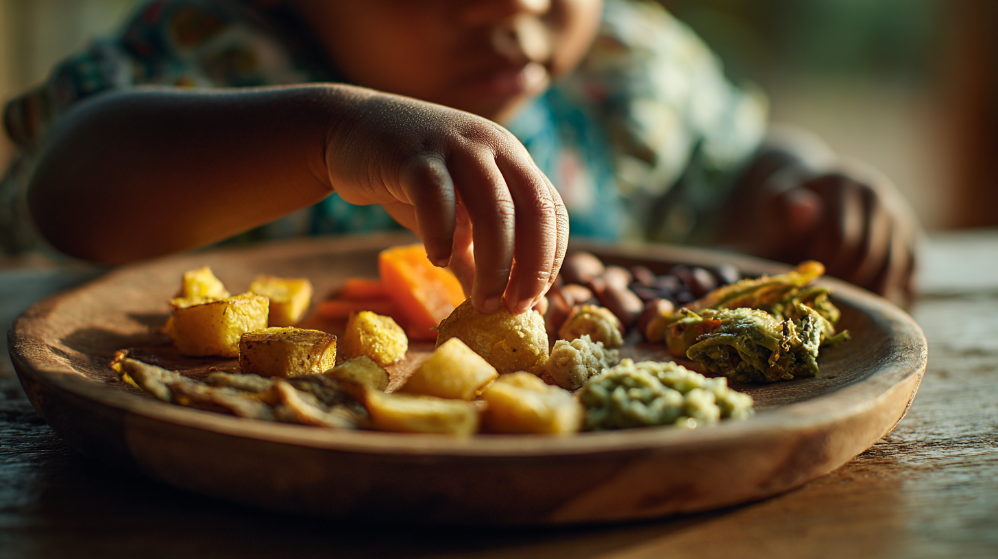 Toddler exploring various textures of Caribbean-inspired foods including soft plantain pieces, mashed beans, and colorful vegetables on a plate