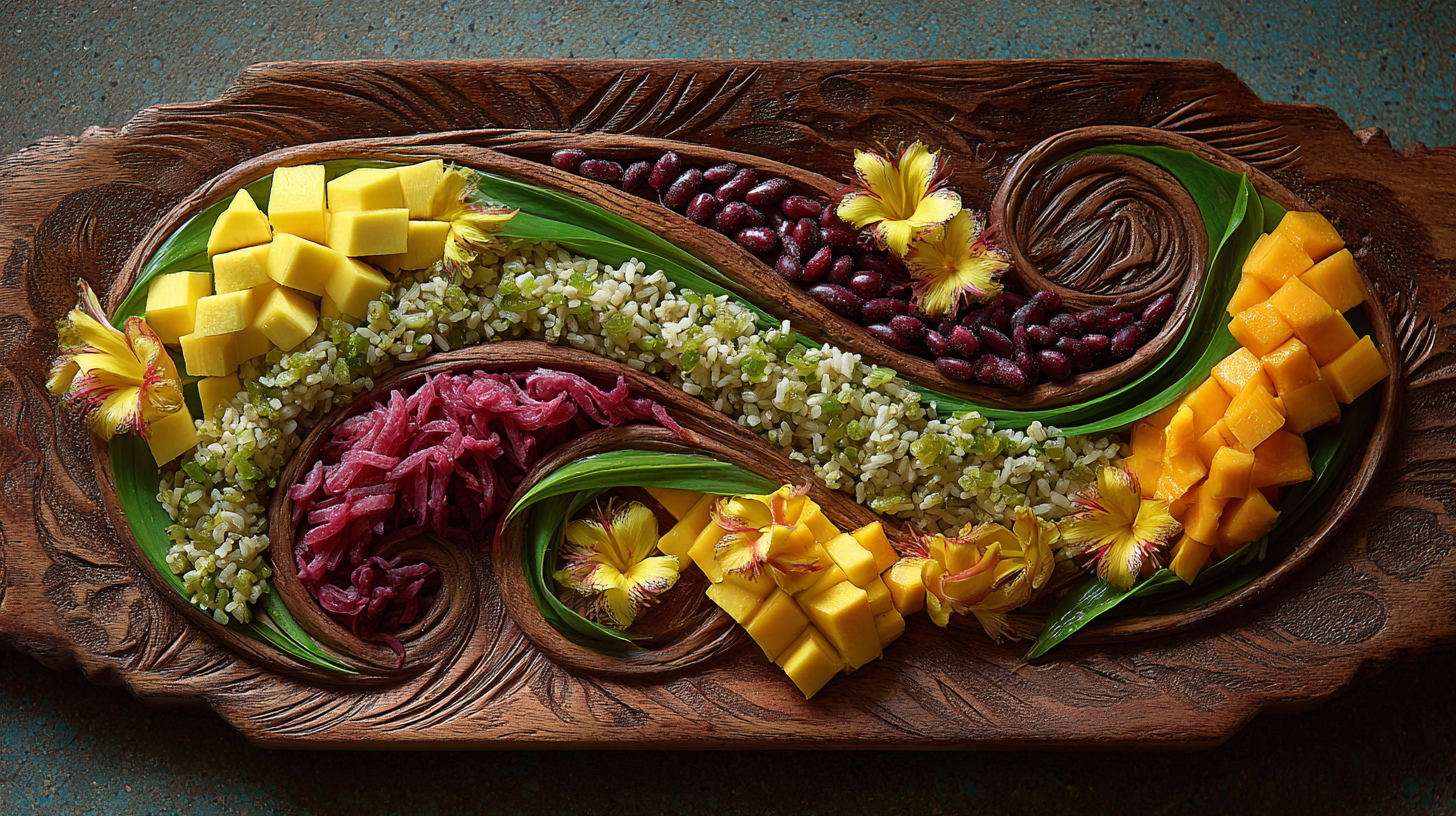 Colorful array of Caribbean toddler foods including yellow yam, callaloo, red beans, ripe mango, and coconut rice arranged on a traditional wooden plate
