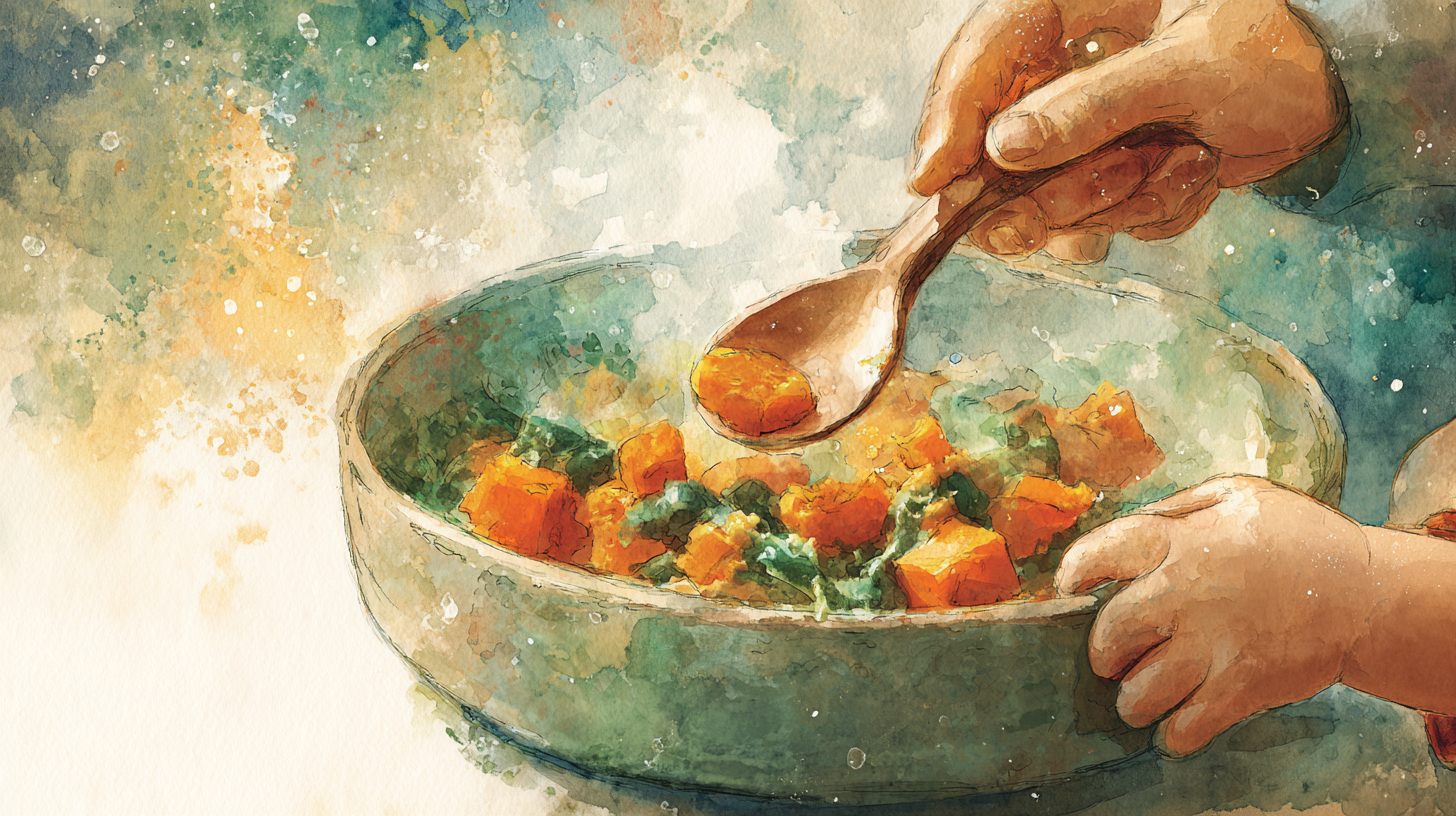 Toddler's hands holding a spoon over a bowl of colorful Caribbean-inspired meal with sweet potato, beans, and vegetables, showing self-feeding development