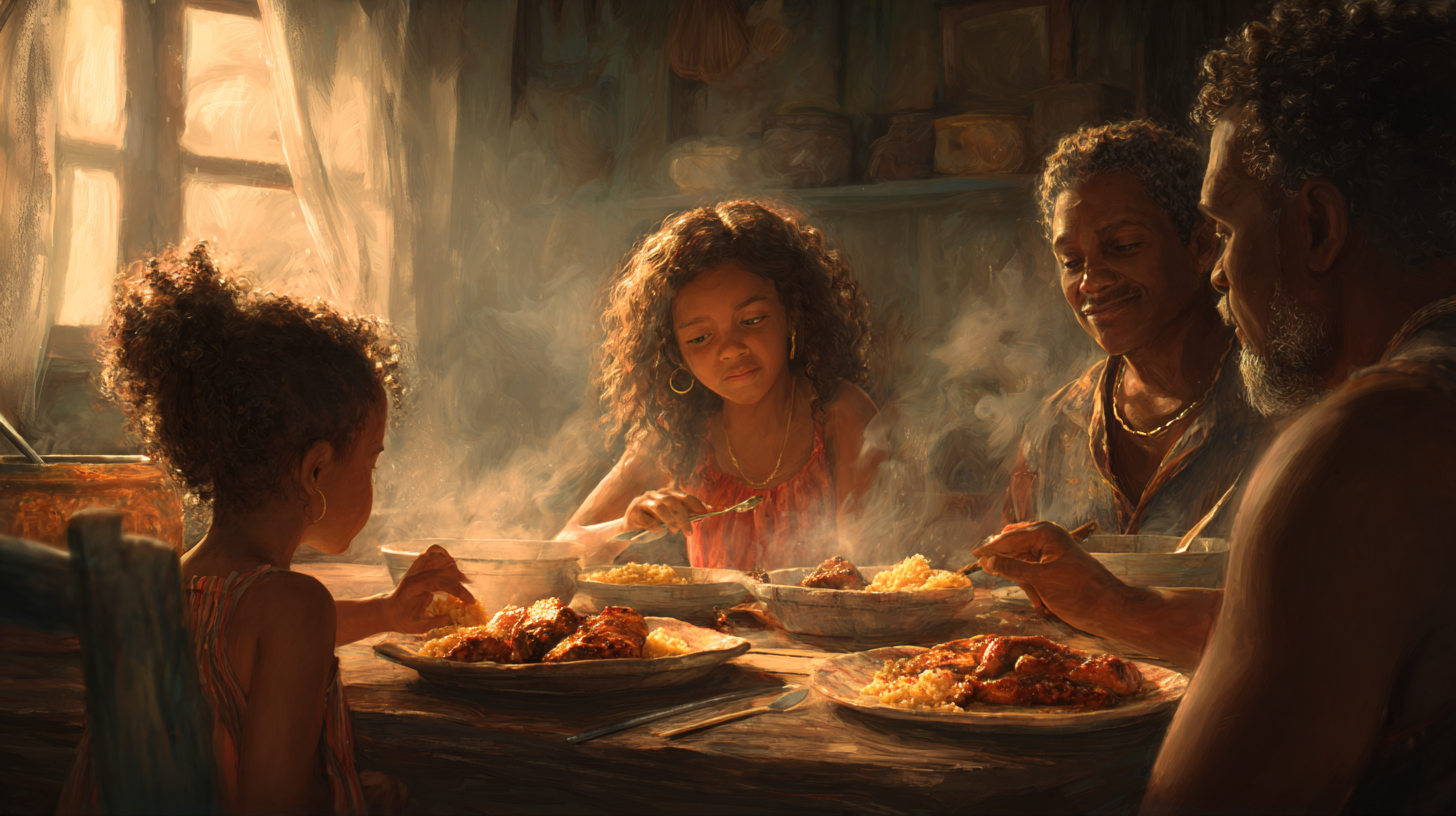 Parent and toddler sharing mealtime together with various foods on table
