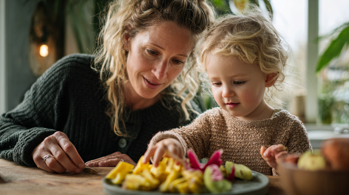 Parent and toddler enjoying peaceful mealtime together with colorful food on the table