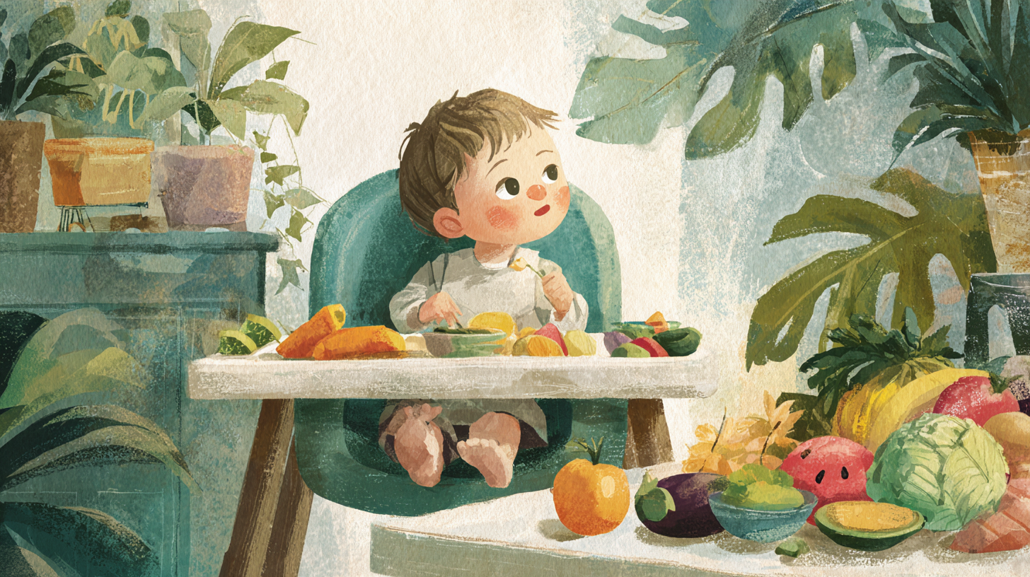 Toddler sitting at high chair with variety of healthy foods including vegetables and fruits