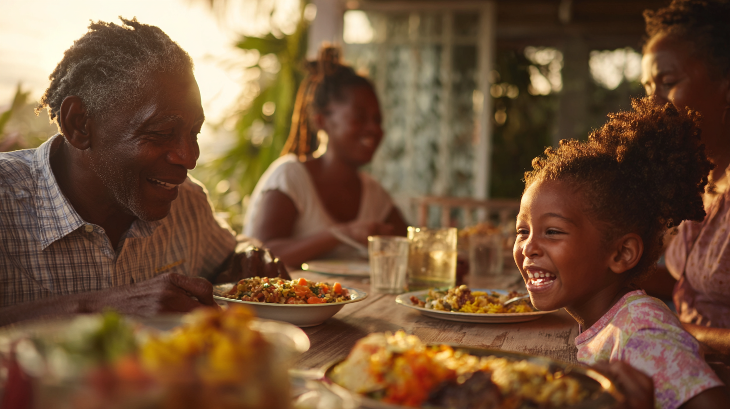 Happy family eating together at dinner table with toddler engaged and smiling