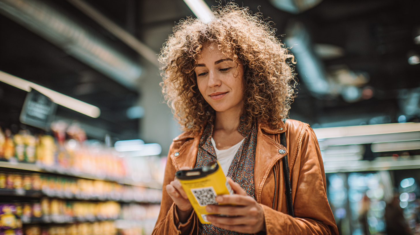 Parent confidently checking baby food label and scanning QR code for heavy metal testing results