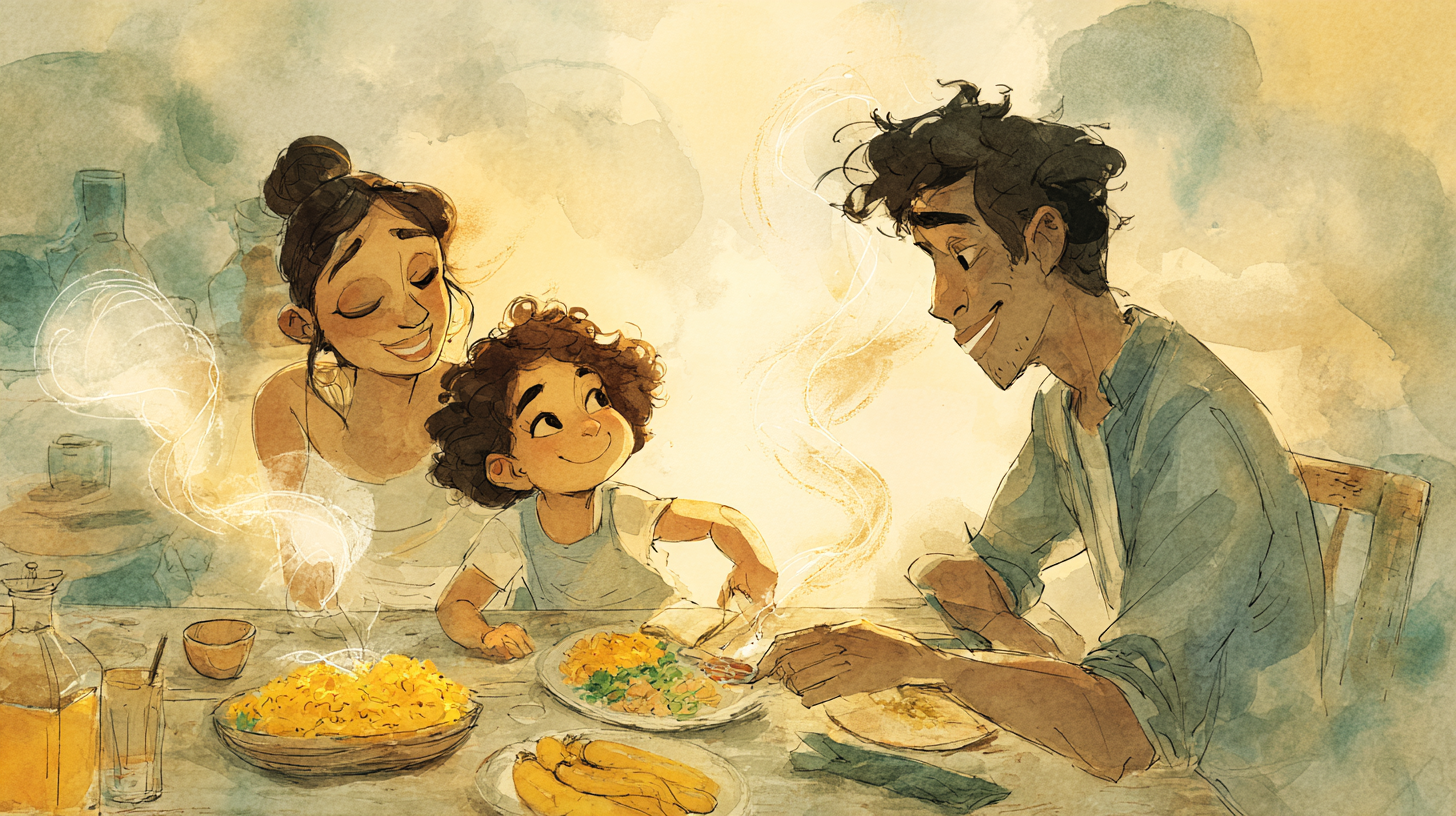 Parent and toddler eating together at the table, making eye contact and sharing a meal without screens