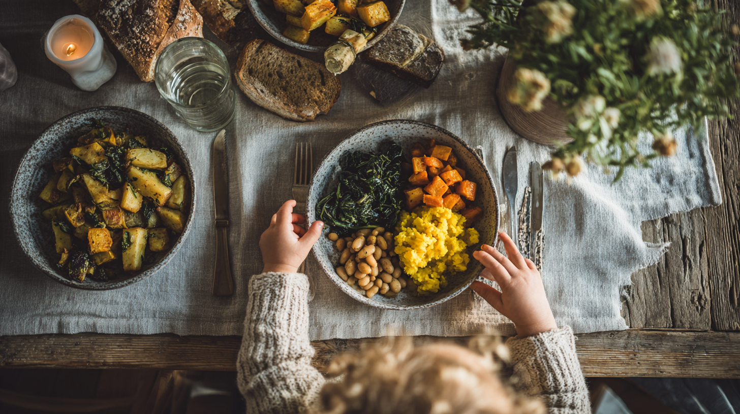 Happy family eating colorful Caribbean food together at dinner table, showing connection and joy during screen-free mealtime
