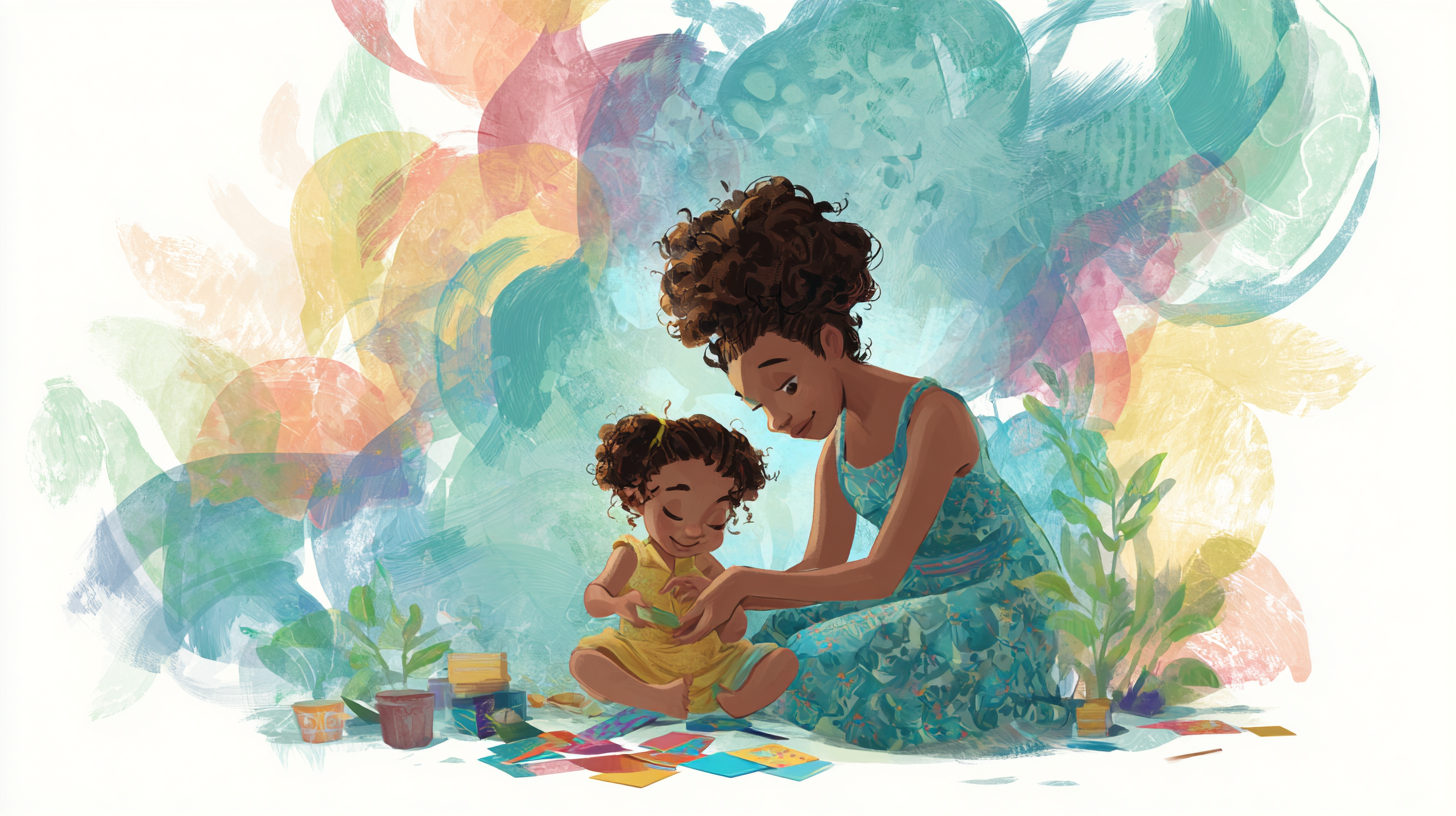 Mother and toddler engaging in emotional learning activities together, using feelings cards and emotional expression tools instead of food