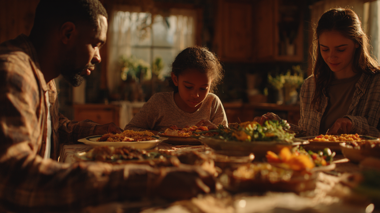 Parents managing different eaters at family dinner table with multiple children showing varied eating behaviors