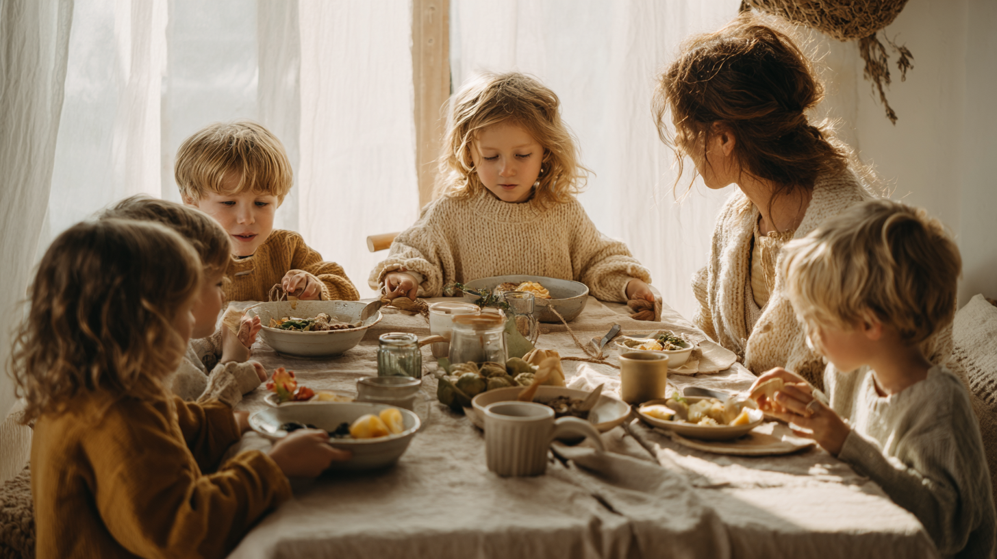 Children with different food preferences eating together peacefully at family meal with various dishes