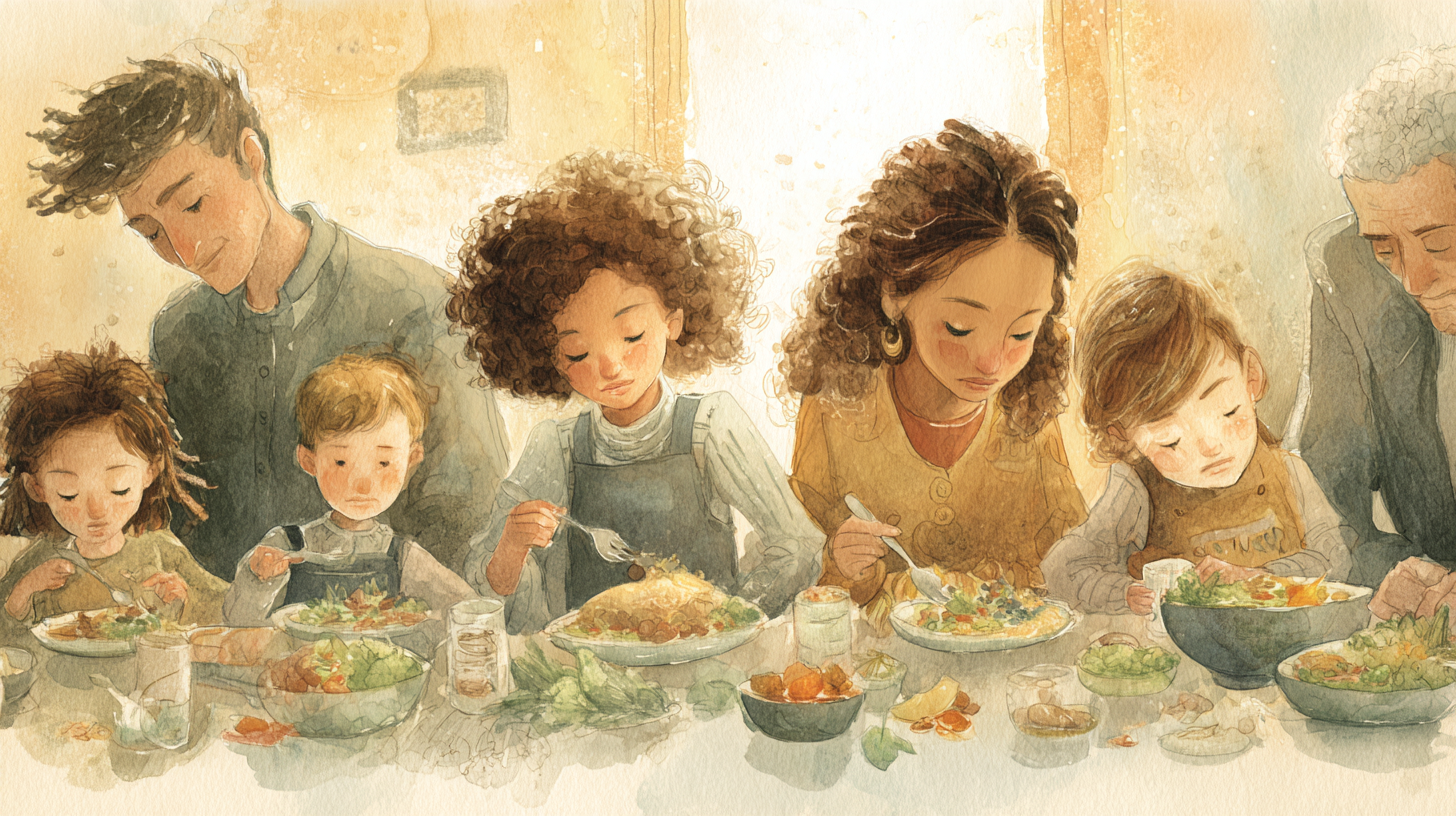 Diverse family meal with children making individual food choices while parents maintain calm supportive presence