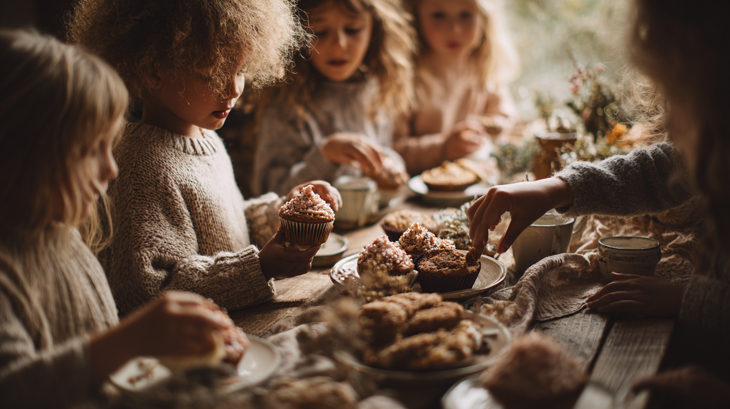 Children enjoying birthday party food together, showing natural social eating behaviors