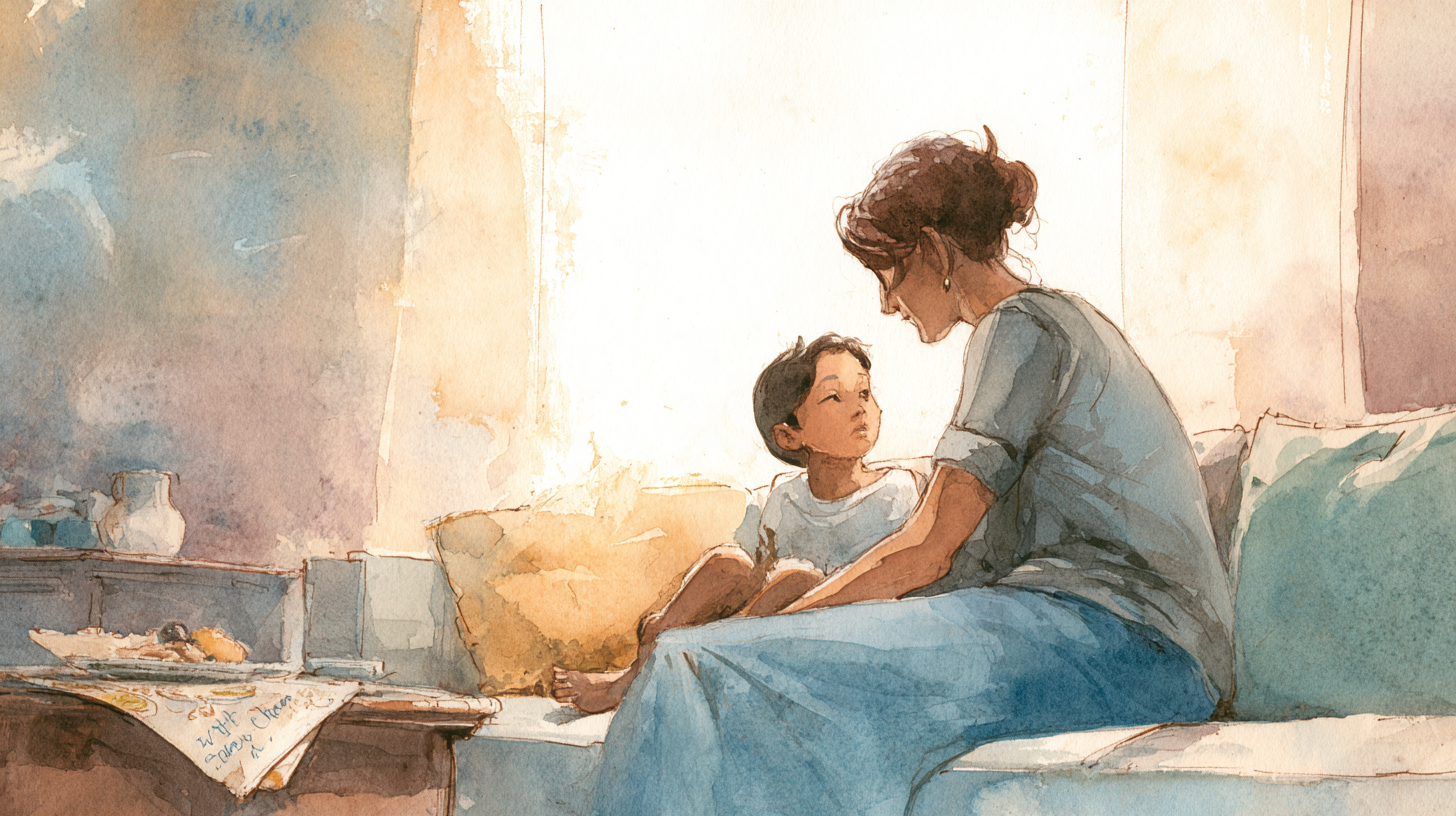 Parent and child having a relaxed conversation about food choices at a celebration