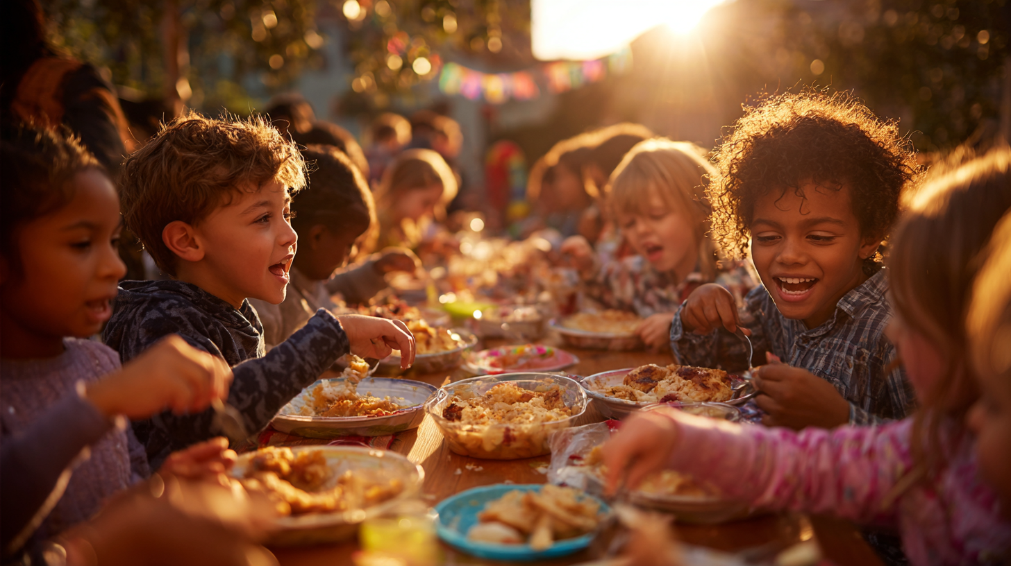 Diverse group of children sharing food and celebrating together at a party