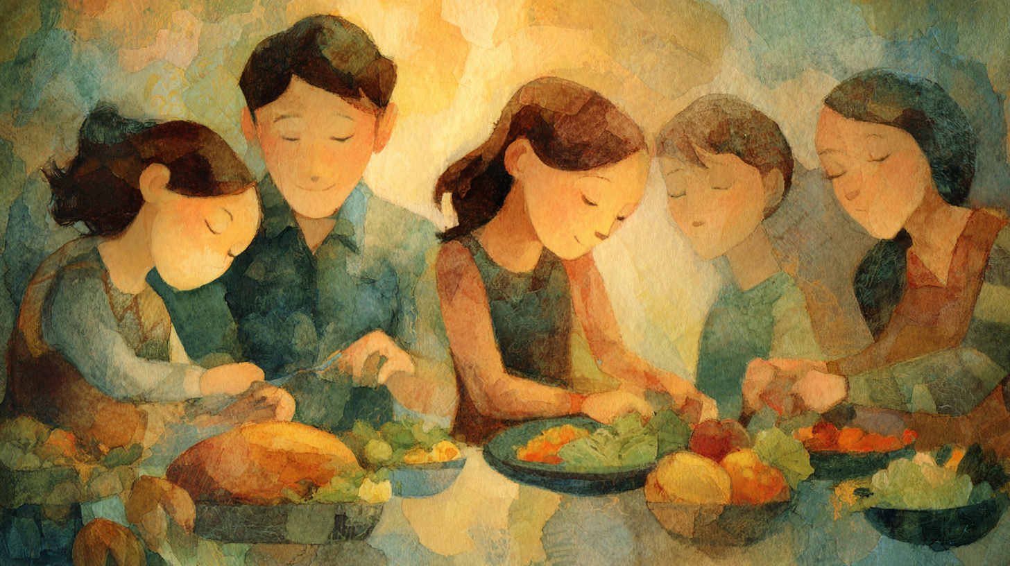 Children confidently choosing their own food portions at a family meal while parents provide gentle guidance